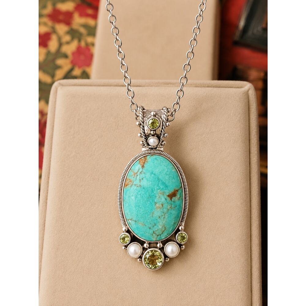 Sterling Silver Turquoise Pearl Citrine Pendant Necklace Thailand Statement MINT